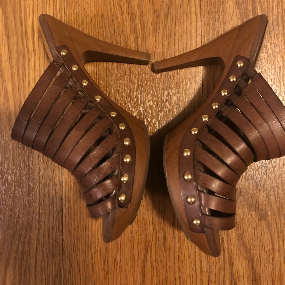 Inc brown studded open toe wood heel  pumps
